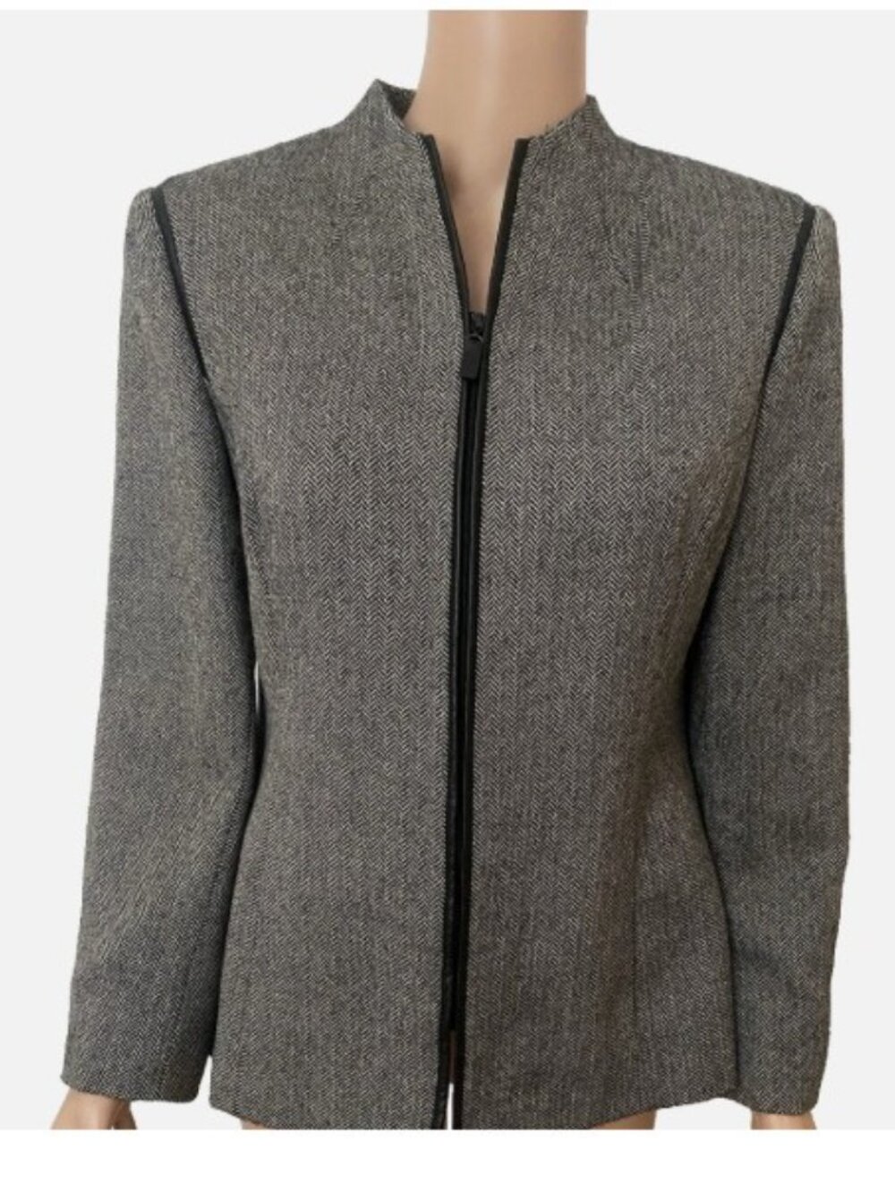 KASPER ASL Gray Herringbone Blazer Jacket Faux Leather Trim Zipper Pockets 12P